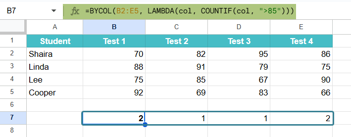 BYCOL Function in Google Sheets Example 3-2