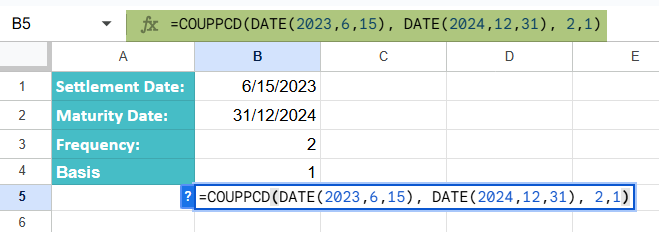 COUPPCD Function in Google Sheets Example 2-1
