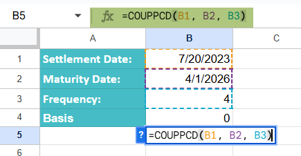 COUPPCD Function in Google Sheets Example 3-1