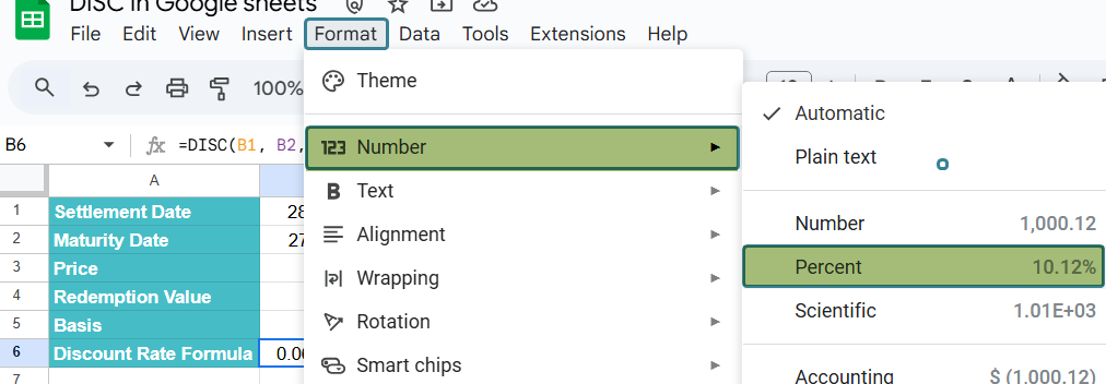 DISC Function in Google Sheets Example 1-3
