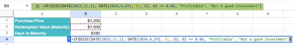 DISC Function in Google Sheets Example 3-1