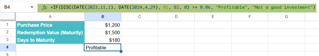 DISC Function in Google Sheets Example 3-2