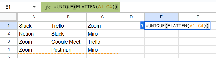 FLATTEN function in Google Sheets Example 2-1