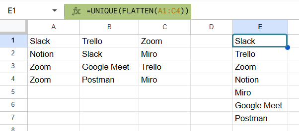 FLATTEN function in Google Sheets Example 2-2