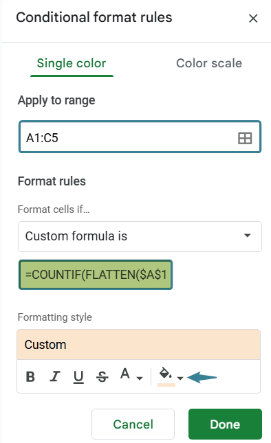 FLATTEN function in Google Sheets Example 3-2