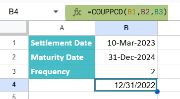 How to Use COUPPCD in Google Sheets 1-3