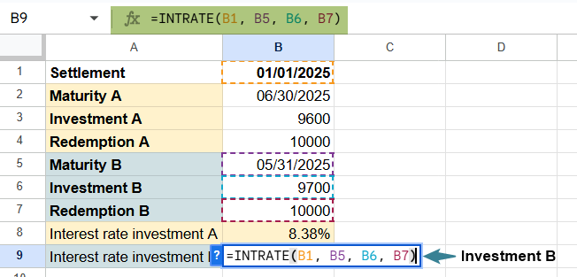 INTRATE function in Google Sheets Example 1-2