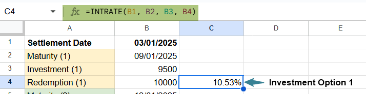 INTRATE function in Google Sheets Example 2-1
