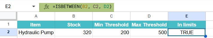 ISBETWEEN Function in Google Sheets Example 1-2