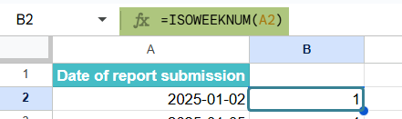 ISOWEEKNUM function in Google Sheets Example 1-2
