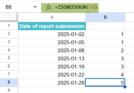 ISOWEEKNUM function in Google Sheets Example 1-3