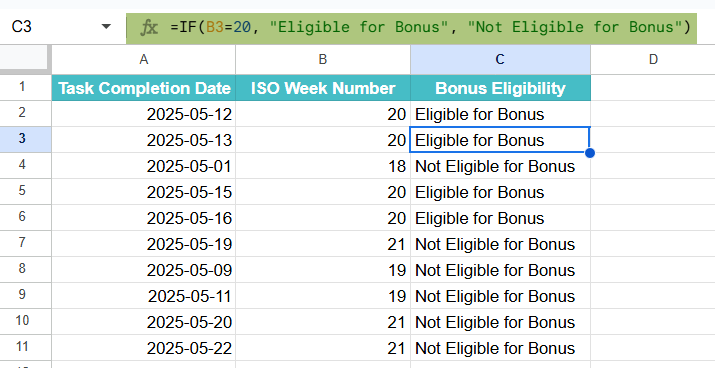 ISOWEEKNUM function in Google Sheets Example 2-3