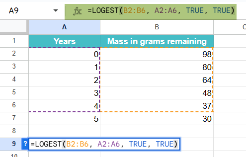 LOGEST Function in Google Sheets Example 1-1