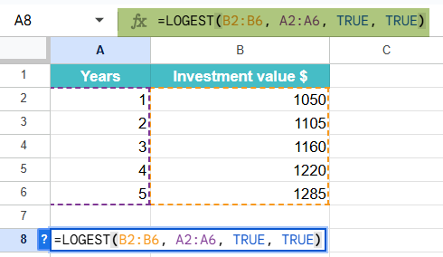 LOGEST Function in Google Sheets Example 3-1