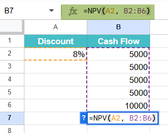 NPV Function in Google Sheets Example 1-1