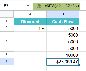 NPV Function in Google Sheets Example 1-2