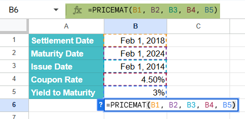 PRICEMAT function in Google Sheets Example 1-1