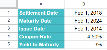 PRICEMAT function in Google Sheets Example 1