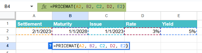 PRICEMAT function in Google Sheets Example 2-1