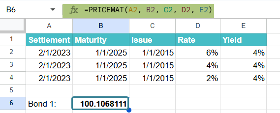 PRICEMAT function in Google Sheets Example 3-1