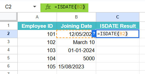ISDATE function in Google Sheets Example 1