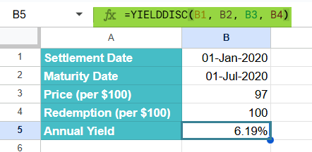 YIELDDISC function in Google Sheets Example 1-2