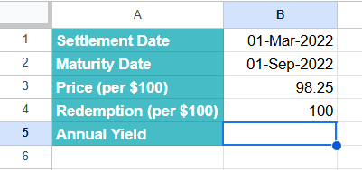YIELDDISC function in Google Sheets Example 2