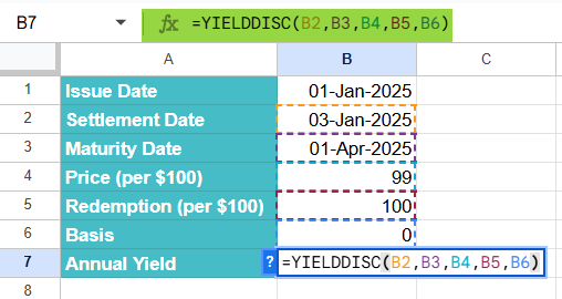 YIELDDISC function in Google Sheets Example 3-1