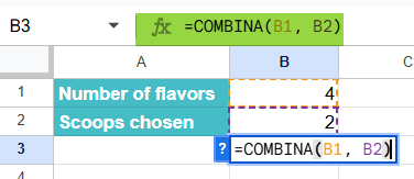 COMBINA function in Google Sheets Example 2-1