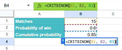 CRITBINOM Function in Google Sheets Example 2-1