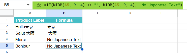 MIDB function in Google Sheets Example 2-2