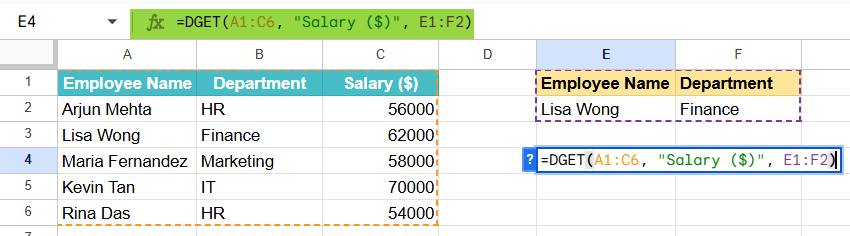 DGET function in Google Sheets Example 1-2