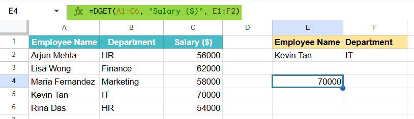 DGET function in Google Sheets Example 1-3