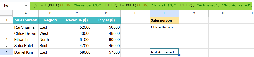 DGET function in Google Sheets Example 3-3