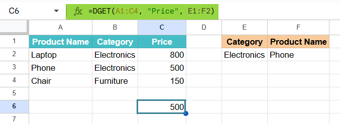 DGET function in Google Sheets Intro
