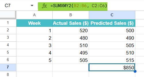SUMXMY2 Function in Google Sheets Example 1-2
