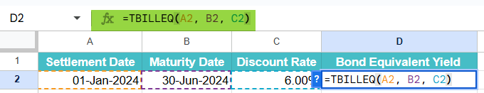TBILLEQ Function in Google Sheets Example 2-1