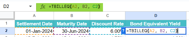 TBILLEQ Function in Google Sheets Example 3-1