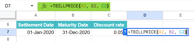 TBILLPRICE Function in Google Sheets Example 1-1