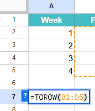 TOROW Function in Google Sheets Example 1-1