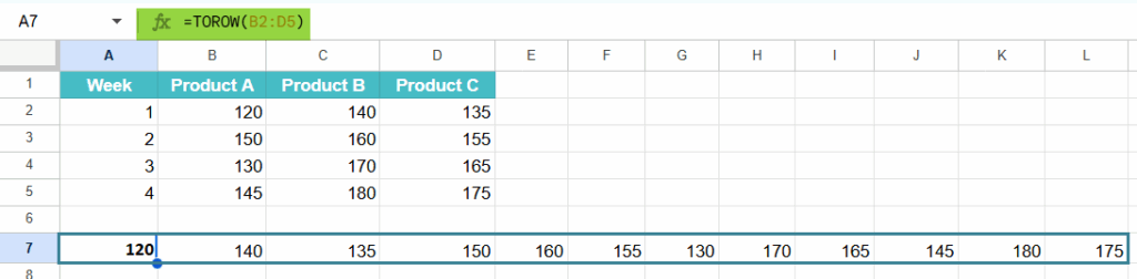 TOROW Function in Google Sheets Example 1-2
