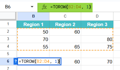 TOROW Function in Google Sheets Example 2-1