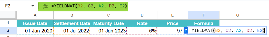 YIELDMAT function in Google Sheets Example 1-1