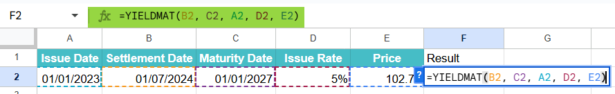 YIELDMAT function in Google Sheets Example 3-1